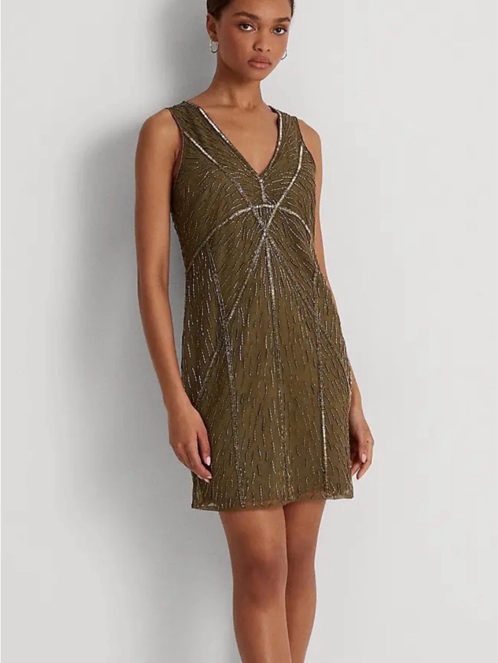 Olive Beaded Tulle Cocktail Evening Deco Dress